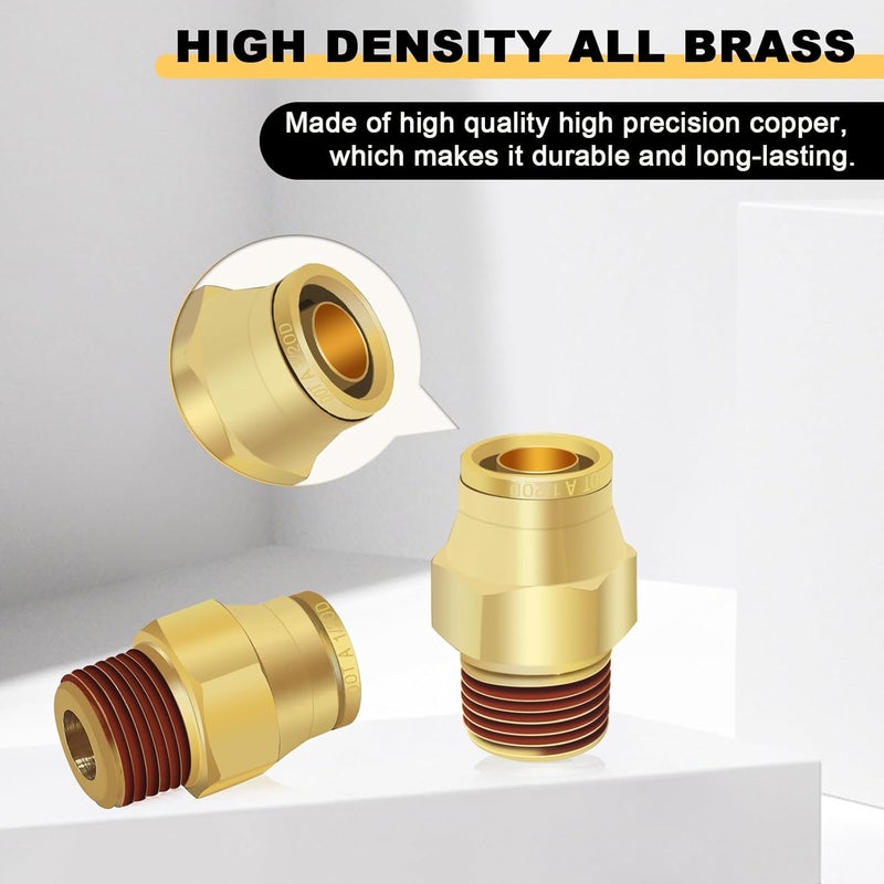 Siptenk 1/2" DOT Brass Push to Connect Air Line Fittings 5 PCS, 1/2" OD Tube x 3/8" NPT Thread Air Brake Line Quick Connect Fittings for Truck Trailers Industry Air System - Image 2